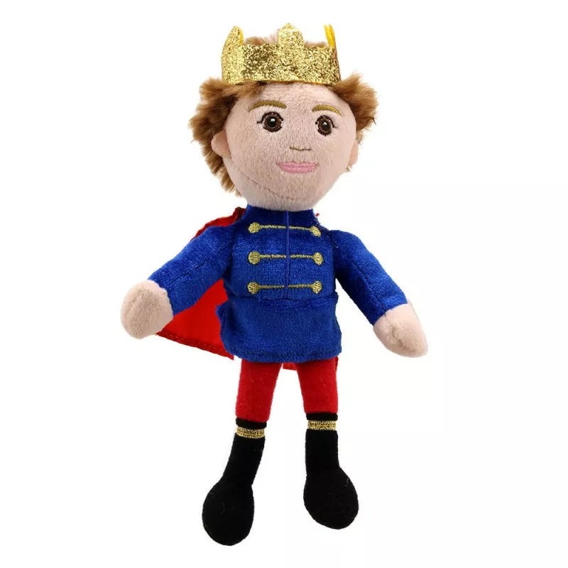 A blue plush toy with The Puppet Company Finger Puppet Prince, perfect for puppet shows and kids.