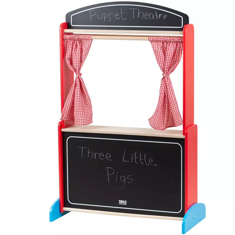 A Tidlo Wooden Puppet Theatre with a blackboard and a stage.