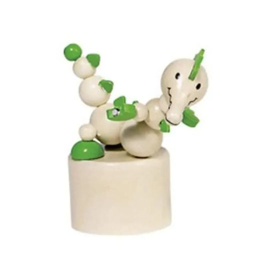 The Animal Push-up Crocodile, made of wood and featuring green accents, consists of spherical joints and stands on a cylindrical base. It has a playful pose with movable limbs, a spiky tail, and a friendly expression—ideal as a classic toy or stocking filler.