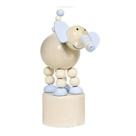 The Animal Push-up Elephant is a traditional wooden toy featuring a light beige and blue color scheme, standing on a round base. Its ears and trunk are accented in blue, creating a playful, whimsical design. With its bead-like legs, it's the perfect stocking filler for any child's collection.