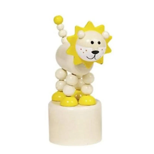 The Animal Push-up Lion is a wooden fidget toy featuring a lion with a round body crafted from cream and yellow beads, resting on a cylindrical base. Its sun-shaped mane and cute, friendly expression make this traditional toy an ideal stocking filler.