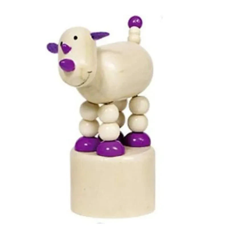 This classic toy, the wooden rhino with purple accents on its ears, nose, feet, and tail, is perfect as a stocking filler. It stands on a cylindrical base with its body and head crafted from beige wooden spheres.