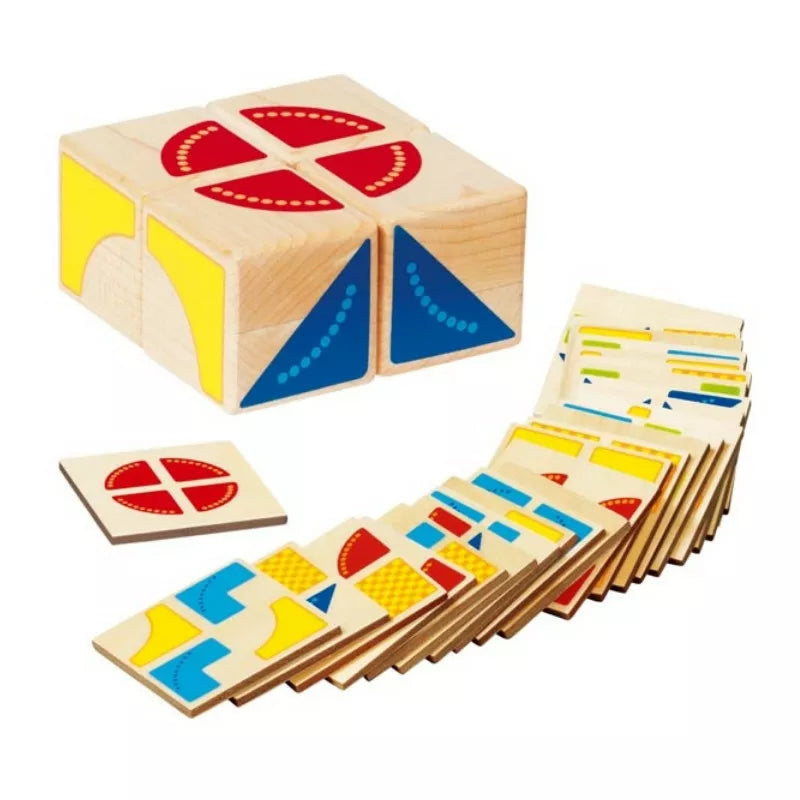 The Puzzle Game Kubus consists of wooden pieces with colorful geometric patterns, such as red circles, blue triangles, and yellow shapes, arranged in a cube and line to boost spatial awareness through engaging problem-solving.