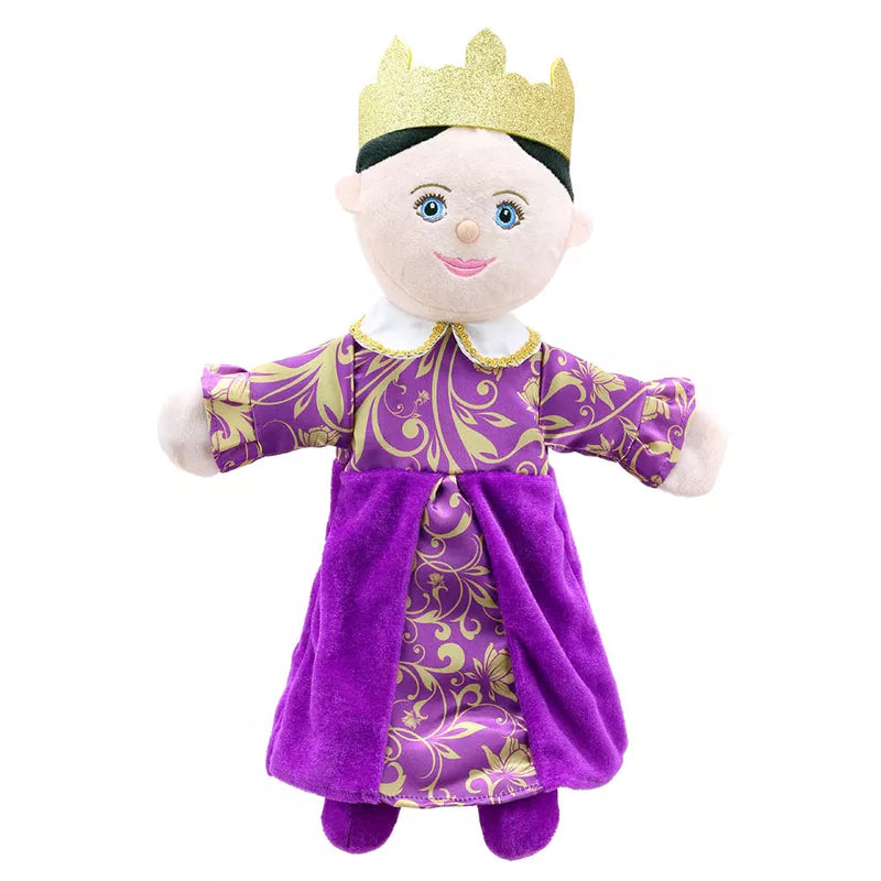 A high-end purple and gold The Puppet Company Hand Puppet Queen with a crown, perfect for storytelling.