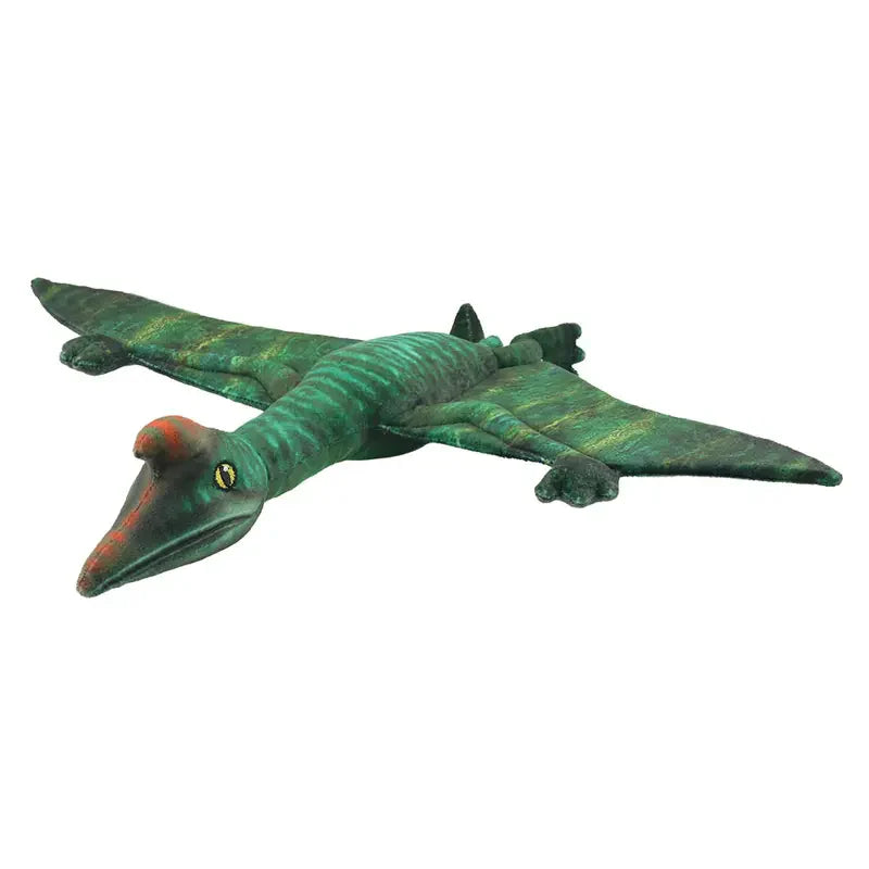 The Natural History Museum Large Quetzalcoatlus Soft Toy features green plush, outstretched wings, yellow eyes, and red head markings. It lies flat on a white background—a perfect dinosaur plush for fans and collectors.