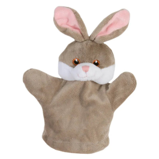 The Puppet Company My First Puppet Rabbit is a delightful brown and white soft toy with pink-lined ears, bright orange eyes, outstretched arms, and a plush texture. It's perfect for playful interactions that boost language development.