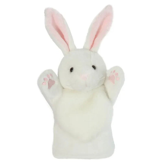 The Puppet Company CarPets White Rabbit puppet, featuring pink inner ears, paws, a small pink nose, bead-like black eyes, and eagerly raised front paws against its white backdrop, is perfect for storytelling and imaginative play.