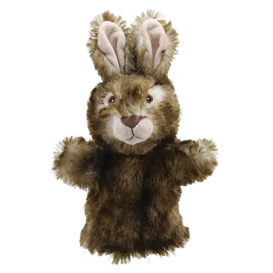 A ECO Puppet Buddies Wild Rabbit Hand Puppet with brown fur and large ears stands upright, facing forward, with its arms slightly outstretched.