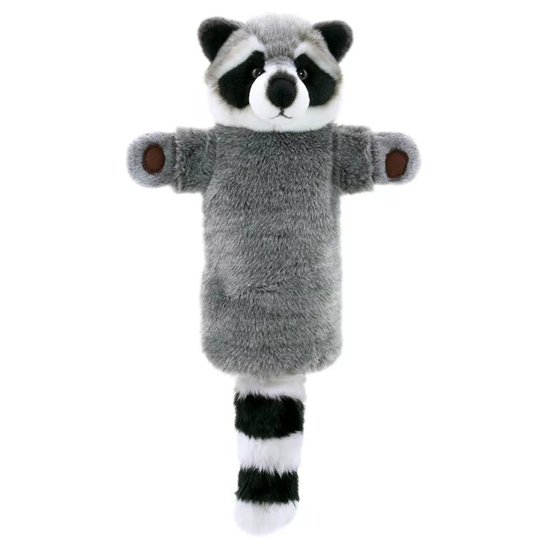 The Puppet Company Long Sleeved Puppet Raccoon is standing on a white background.
