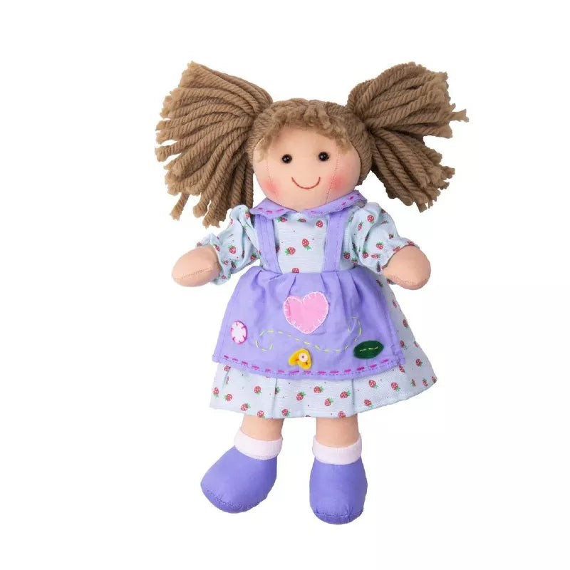 A Bigjigs Grace Doll Small with blonde hair wearing a purple dress.