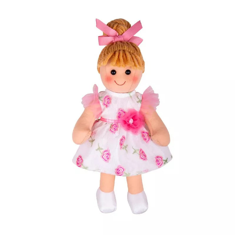 A Bigjigs Megan Doll Medium with a pink dress.