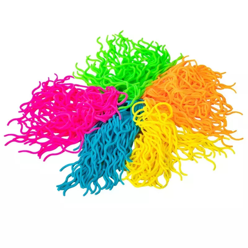 Colorful non-toxic Ramen Noodlies NeeDoh loops intertwined in a chaotic yet playful heap against a white background.