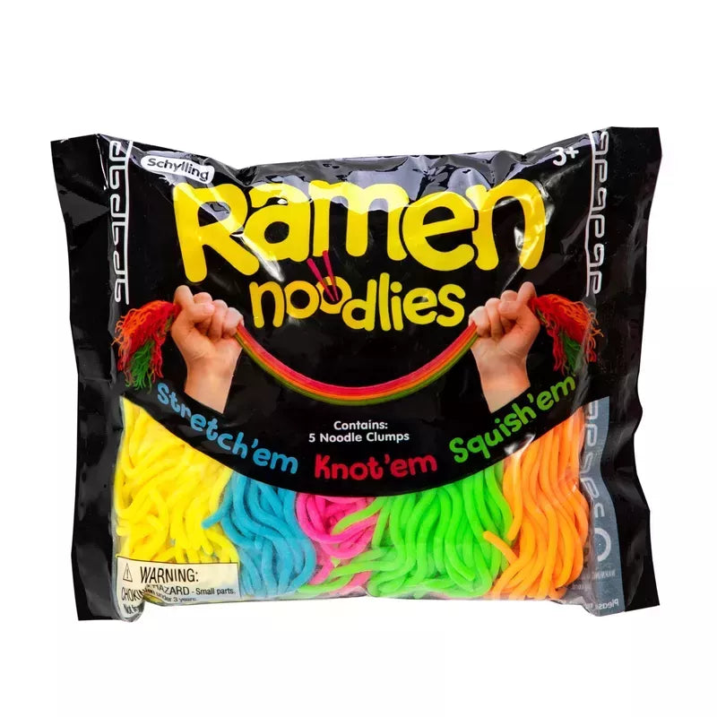 A colorful package of Ramen Noodlies NeeDoh with hands stretching a strand out to display its elasticity.