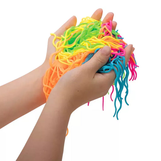 Hands holding a colorful bundle of Ramen Noodlies NeeDoh against a white background.