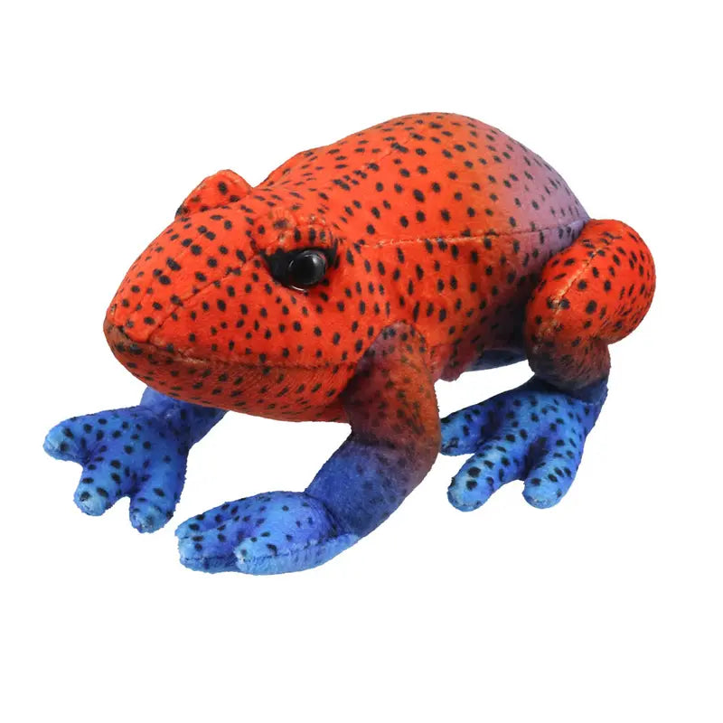 The Puppet Company Red Frog Finger Puppet from the Little Creatures Range features a vibrant red and orange body with black spots and bright blue legs, making it perfect for imaginative play. Displayed on a white background.