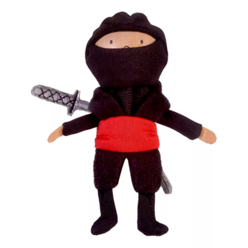 A plush Fiesta Crafts Red Ninja finger puppet, complete with a black outfit, red belt, and a sword at the ready.