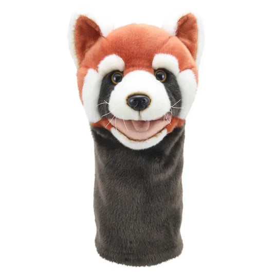 Introducing the Jumbo Friends Red Panda Hand Puppet, a plush hand puppet with a soft, fuzzy texture, featuring a smiling face, brown and white markings, rounded ears, and a fluffy brown body—ideal for playful storytelling adventures.