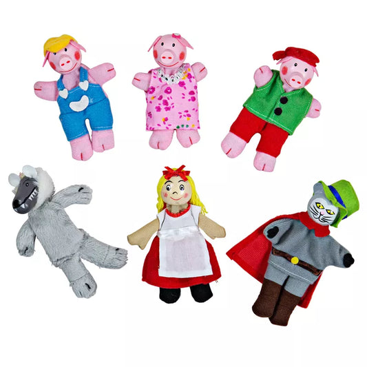 A collection of six colorful Finger Puppets Set – Red Riding Hood featuring characters arranged on a white background, including human figures and animals, each with distinct costumes and expressions for imaginative play.