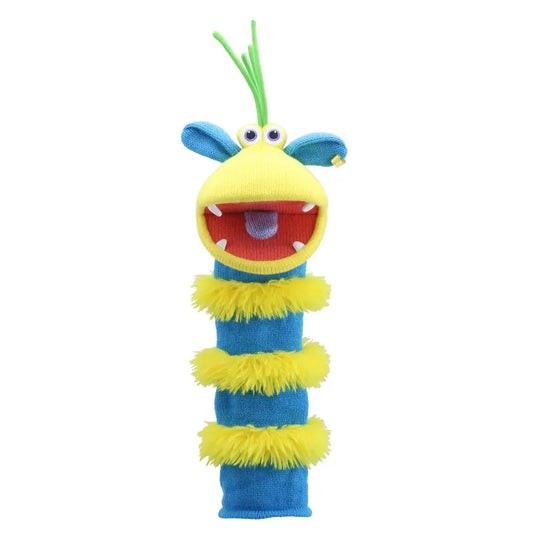 The Puppet Company Sockette Puppet Ringo is a colorful sock puppet with blue and yellow stripes, fluffy yellow bands, big round eyes, green antennae, and a wide open red mouth with a blue tongue and white felt teeth, made from recycled materials.