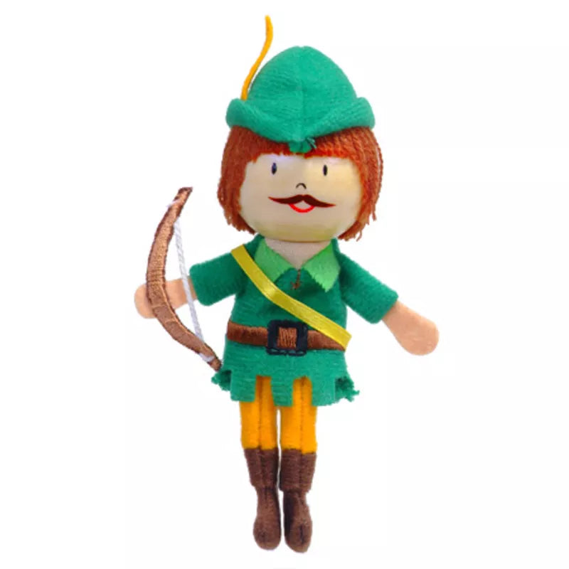 A Fiesta Crafts Robin Hood Finger Puppet styled as a whimsical, cartoonish archer, possibly inspired by the tale of Robin Hood, dressed in a green hat with a feather, matching tunic, brown belt.