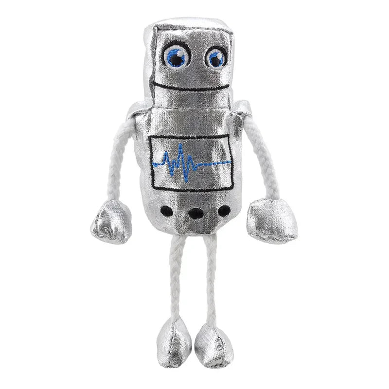 Introducing **The Puppet Company Robot Finger Puppet**: This charming, silver, plush toy robot boasts blue eyes and unique rope-like limbs and feet. It is embellished with an embroidered chest panel showcasing a blue waveform, accompanied by three black buttons beneath. With its shiny, metallic appearance, this delightful finger puppet stands upright—ideal for engaging storytime adventures.