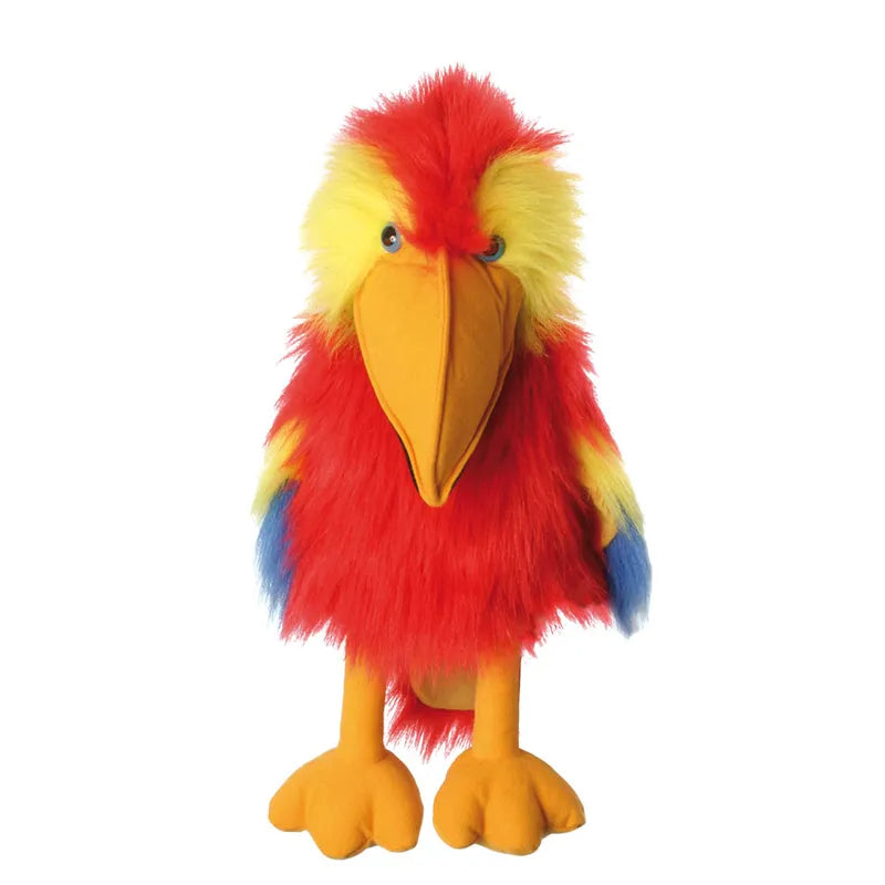 The Puppet Company Large Bird Scarlet Macaw is a vibrant hand puppet featuring bright red, yellow, and blue feathers with a large orange beak. It stands upright with charming large yellow feet, making it perfect for story time and imaginative role-play adventures.