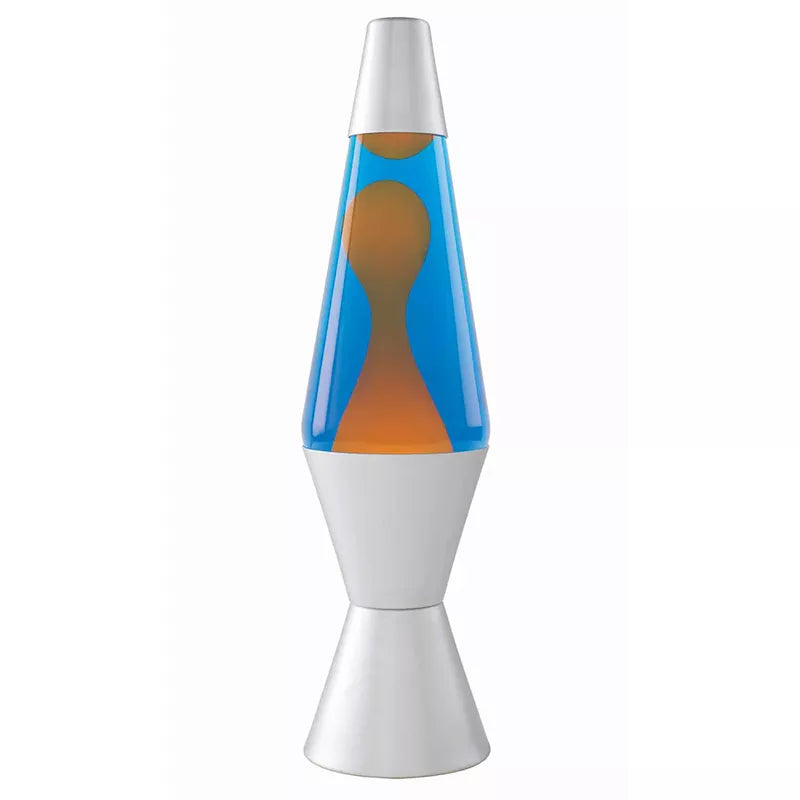 A classic Lava Lamp (Orange/Blue) 14.5" with a sleek silver base and cap, featuring a mesmerizing display of blue liquid and flowing orange lava for sensory stimulation.