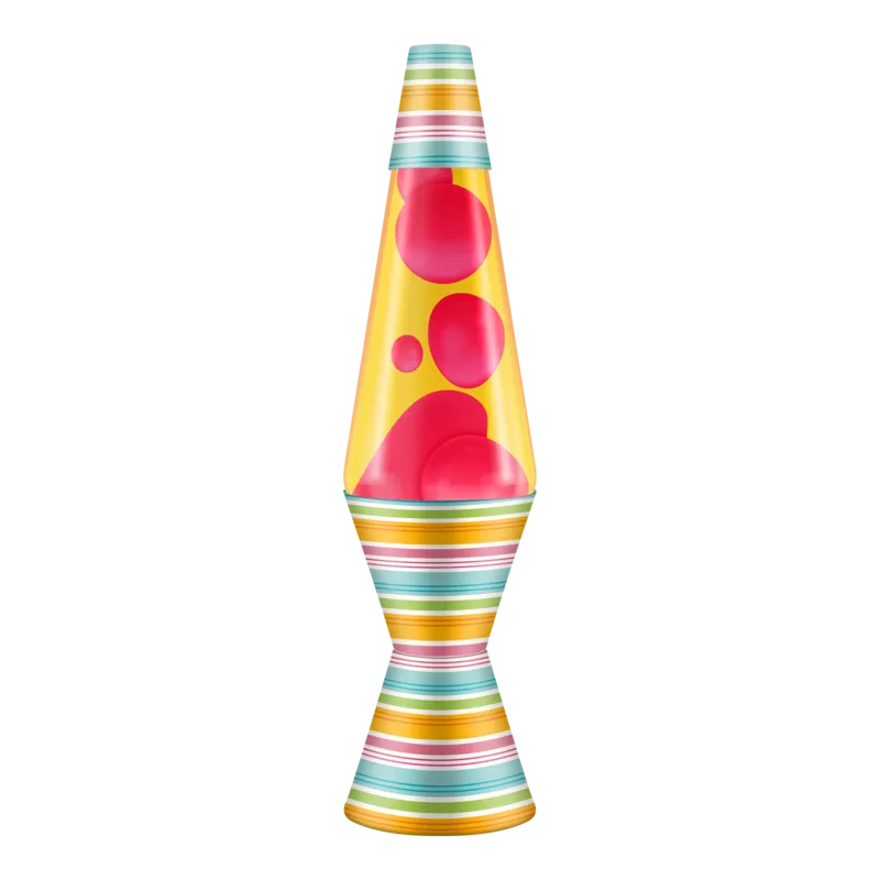 A vibrant, colorful Lava Lamp Beach Umbrella with red lava blobs floating inside a yellow background, set against a black backdrop with abstract horizontal lines.