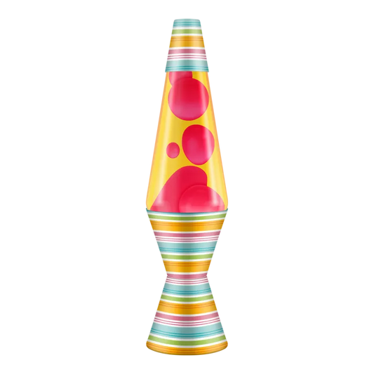 A vibrant, colorful Lava Lamp Beach Umbrella with red lava blobs floating inside a yellow background, set against a black backdrop with abstract horizontal lines.