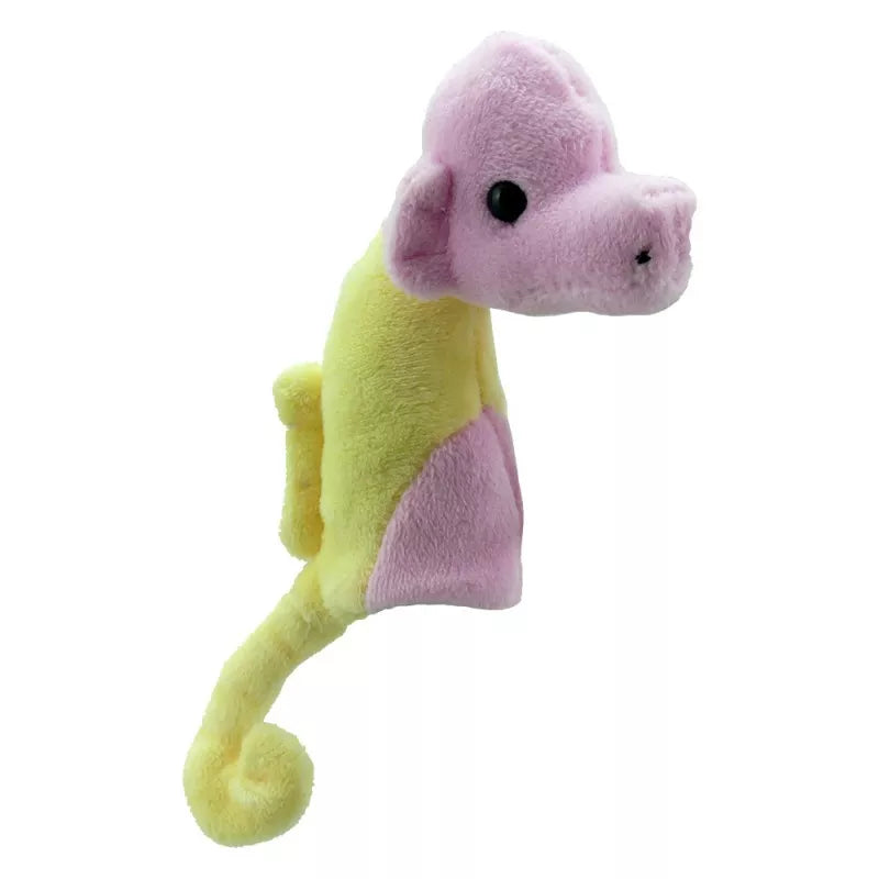 A pink and yellow finger puppet seahorse for kids to use in a puppet show.