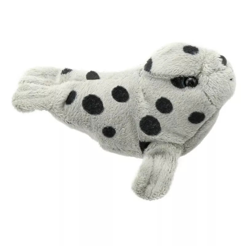 A Puppet Company Finger Puppet Show featuring a Grey seal with a black and white polka dot pattern.