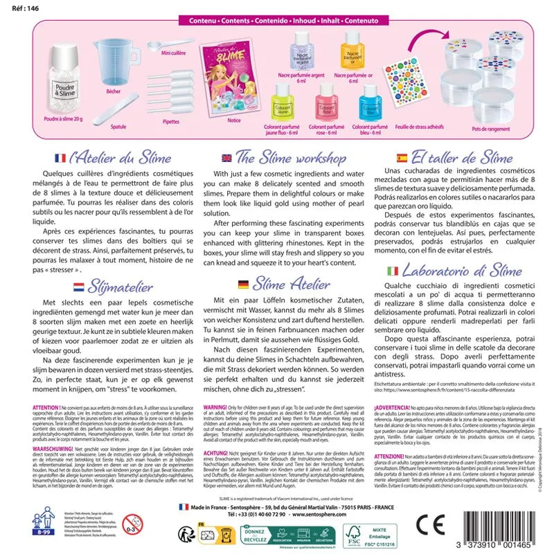 Back of Sentosphere Slime Workshop shows contents: powder, spatula, measuring cup, glitter, confetti, pots & illustrated instructions. Fun kids craft explained in French, English, Dutch, German, Spanish & Italian.