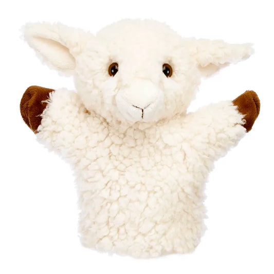 The Puppet Company CarPets White Sheep is a fluffy hand puppet with brown inner ears and paws, black button eyes, and a stitched mouth—ideal for family harmony on car journeys, shown against a plain white background.