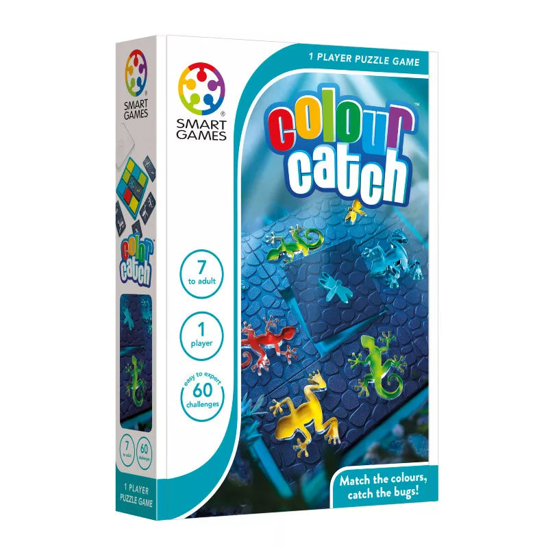 Box of SmartGames "Colour Catch" (DAMAGED BOX) puzzle game. This educational puzzle includes vibrant chameleons on a board, encouraging players to match colors and catch bugs. Designed for ages 7 and up, it contains 60 problem-solving challenges for one player.