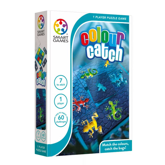 Box of SmartGames "Colour Catch" (DAMAGED BOX) puzzle game. This educational puzzle includes vibrant chameleons on a board, encouraging players to match colors and catch bugs. Designed for ages 7 and up, it contains 60 problem-solving challenges for one player.