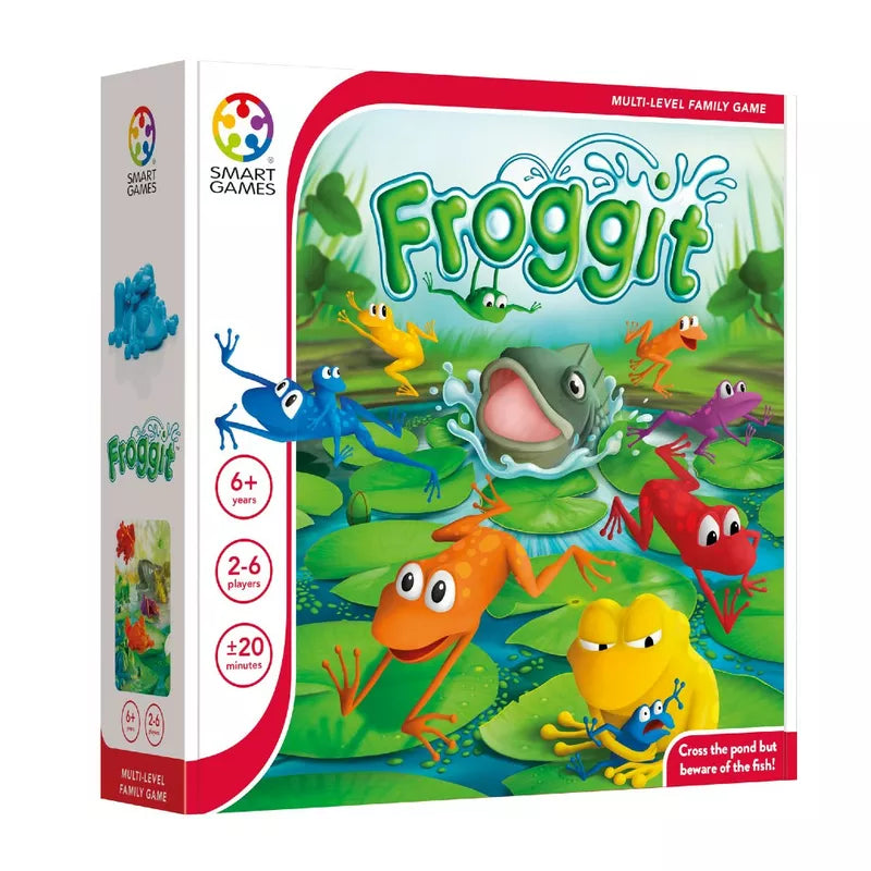 The image displays "SmartGames Froggit," featuring a frog family on vibrant lily pads with a smiling fish. Designed for ages 6+, it supports 2-6 players and lasts over 20 minutes, highlighting its multi-level design for strategic planning.