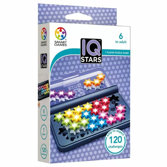 SmartGames IQ Stars features colorful star puzzle pieces on a blue tray. Designed for solo players aged 6 to adult, it offers 120 logic challenges from easy to expert levels.