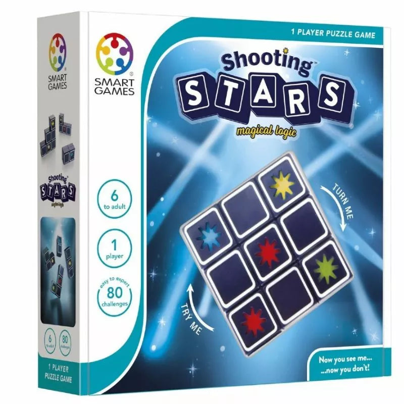 The "SmartGames Shooting Stars" game box showcases a grid with starry pieces, ideal for ages 6 to adult. It's created for solo play with 80 challenges, featuring a blue design decorated with colorful stars.