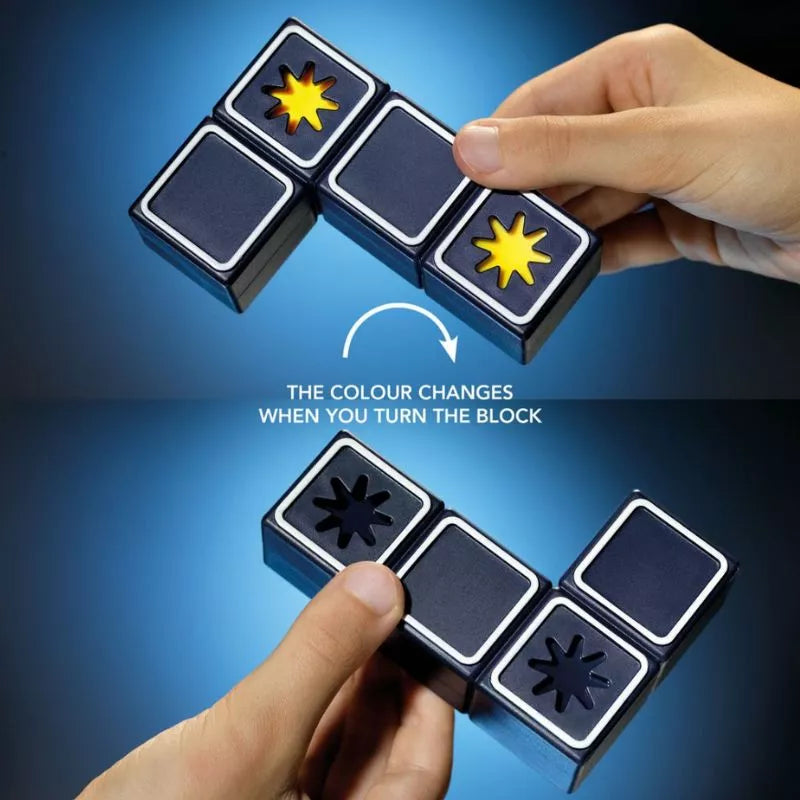 Two images of hands holding the SmartGames Shooting Stars puzzle. The top shows a yellow shooting star, and after rotation, the bottom reveals it in black. Text: "The color changes when you turn the block.