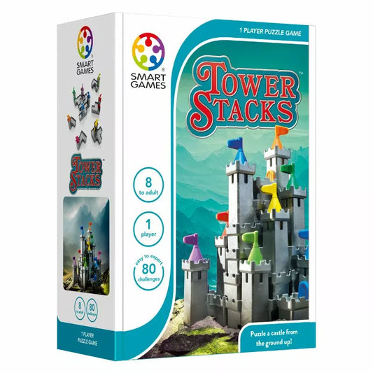 SmartGames Tower Stacks brain teaser puzzle comes in a lively box with a castle and flags, labeled "1 Player Puzzle Game," for ages "8 to adult," featuring "80 challenges." The cloudy sky backdrop adds to the appeal, ideal for enhancing problem-solving skills.