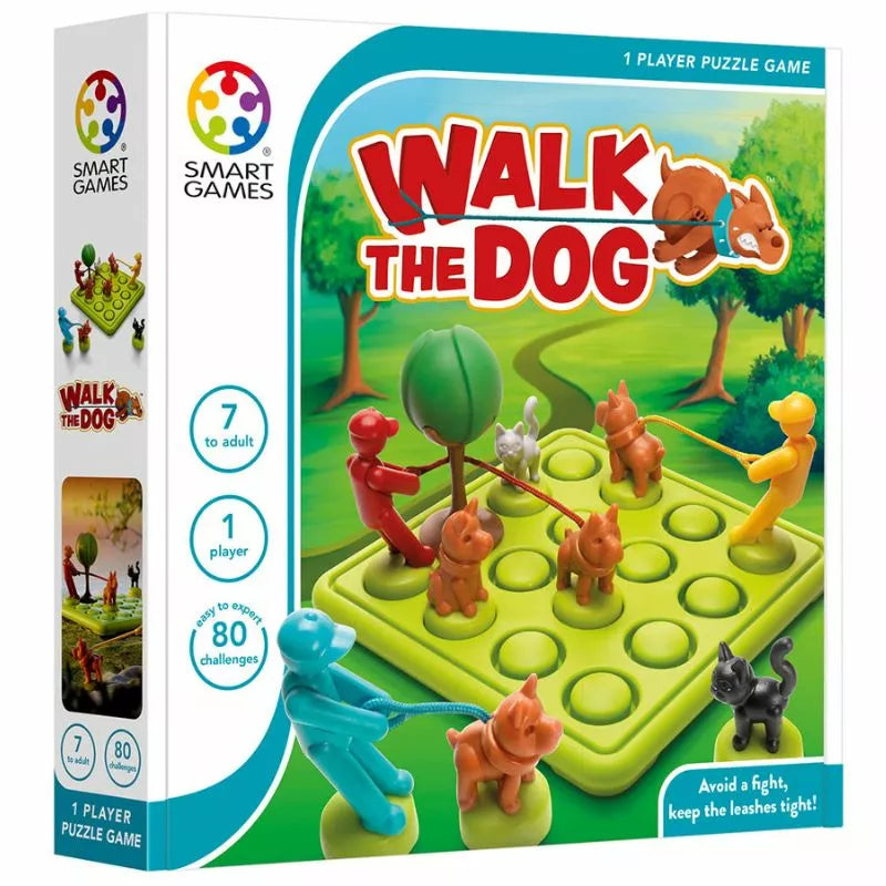 The image displays the box for "SmartGames Walk The Dog," a logic and deduction game by SmartGames. The cover showcases colorful pieces illustrating people and dogs on a green game board. This captivating problem-solving toy is suitable for ages 7 to adult and includes 80 challenging puzzles.