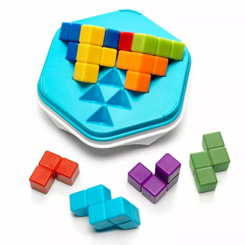 Explore the vibrant SmartGames Zig Zag Puzzler, a 3D game featuring red, blue, green, purple, yellow, and orange Tetris-like blocks. Arrange them on a blue hexagonal board with triangular slots to test your problem-solving skills and enjoy endless fun!.