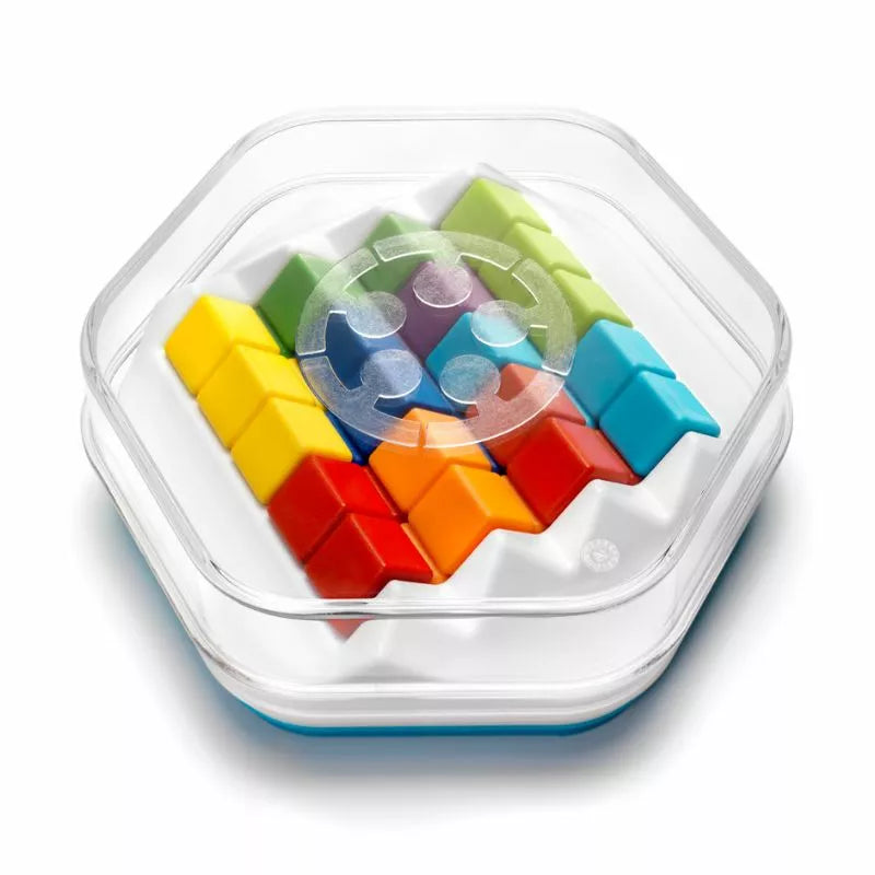 The SmartGames Zig Zag Puzzler includes a hexagonal clear container with a lid and features colorful interlocking blocks in red, yellow, orange, green, blue, and purple. This engaging 3D puzzle game is designed to enhance problem-solving skills.