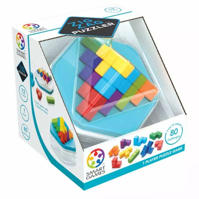 Box of the SmartGames Zig Zag Puzzler, including a colorful 3D puzzle game with interlocking pieces, showcasing 80 problem-solving challenges and vibrant pieces arranged on a blue base.