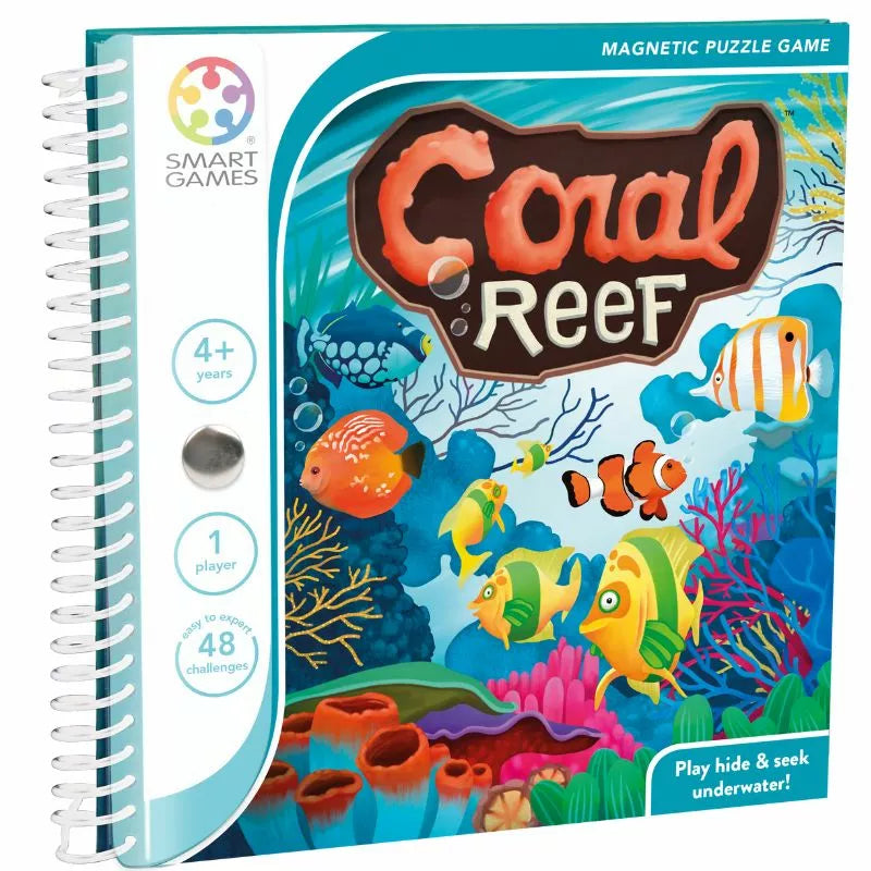 The "Smartgames Coral Reef" is a vibrant magnetic travel game for kids aged 4 and up, featuring an underwater adventure with colorful coral, fish, and sea life. This single-player puzzle experience includes 48 engaging challenges.