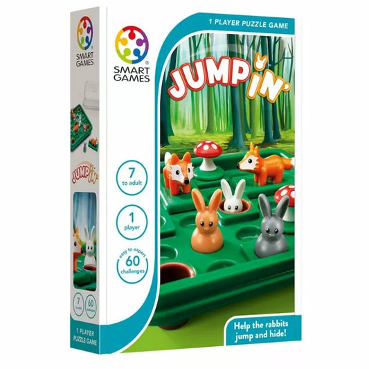 Here is a revised version of the sentence using the given product data:

A box for the game "Smartgames Jump In'" offers a forest-themed puzzle that boosts spatial insight through engaging challenges with rabbits, foxes, and mushrooms. Ideal as a travel game, it includes "60 challenges," caters to 1 player, and is suitable for ages 7 to adult.