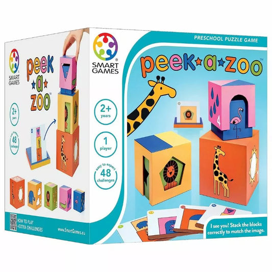 In the image, you can see the box of "Smartgames Peek-A-Zoo," an educational game ideal for preschoolers. It includes vibrant block puzzles featuring animal designs, such as giraffes, designed to boost language skills. Suitable for children aged 2 and above, this game provides 48 engaging challenges for a single player.