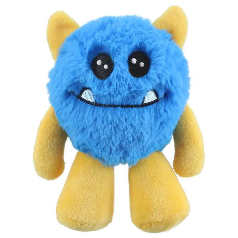 Snaggle Micro Monster Finger Puppet by The Puppet Company—a soft, blue, furry buddy with big eyes, two white fangs, a smiling mouth, yellow arms and legs, plus yellow horns. The perfect cuddly companion!.