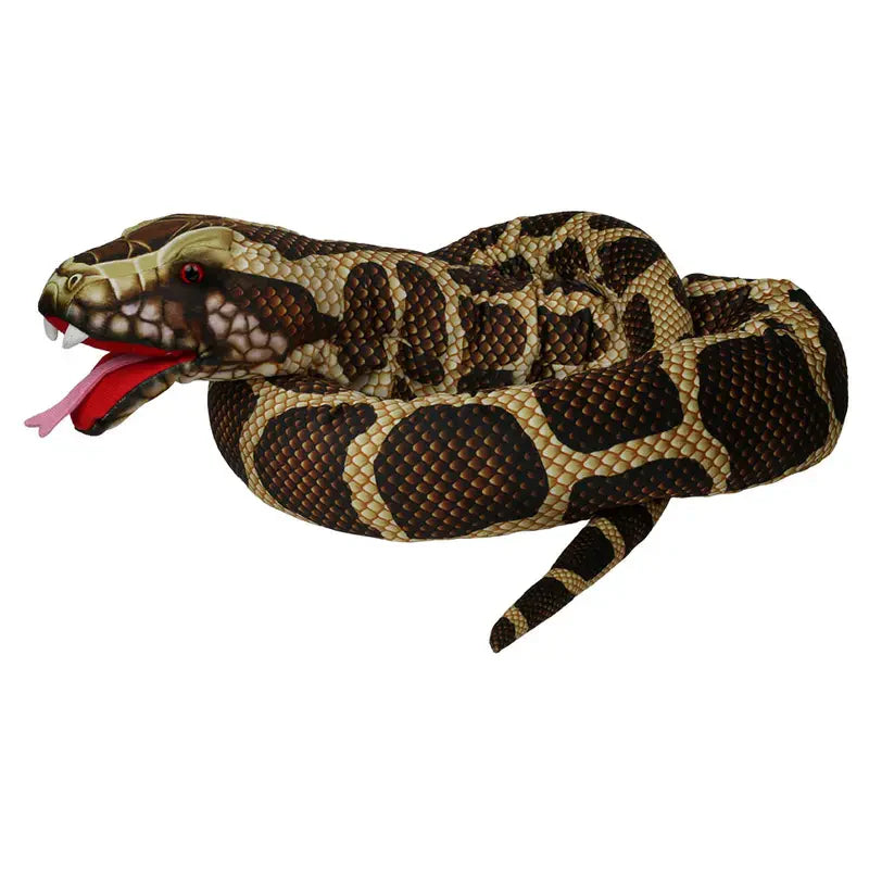 The Puppet Company Large Creature Snake Brown is a realistic-looking puppet featuring brown and tan scales, a coiled body, red tongue sticking out, and mouth slightly open.