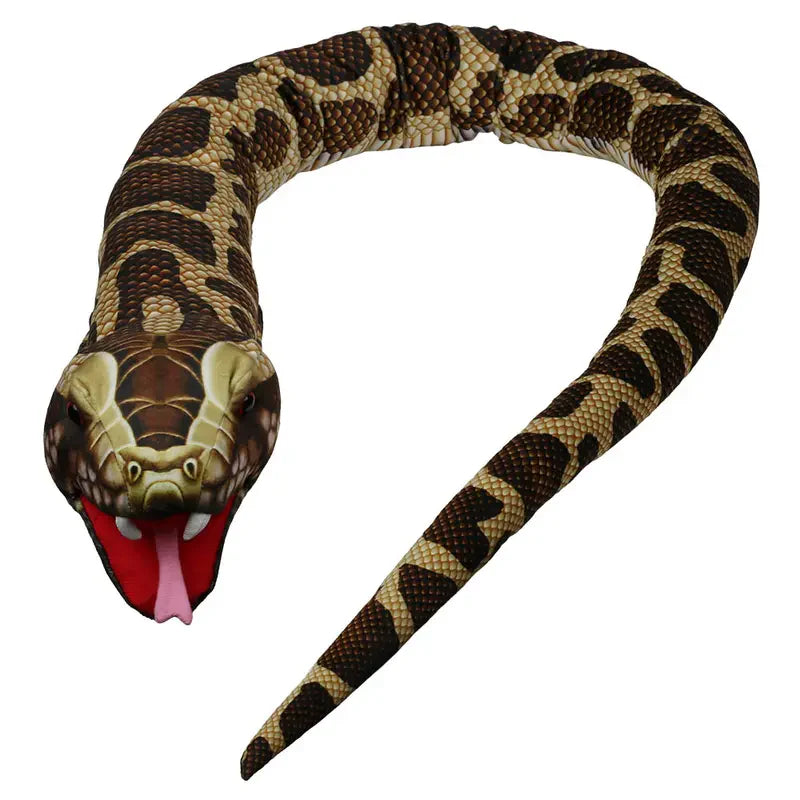The Puppet Company Large Creature Snake Brown is a realistic hand puppet featuring a brown and tan pattern, an open red mouth with a visible pink forked tongue, and is shown coiled in an S-shape on a white background.